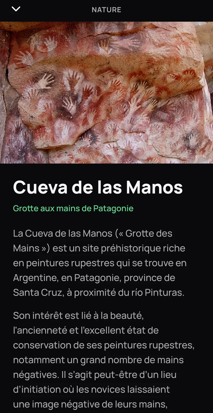 Capture de l'application xapa : fiche « Cueva de las Manos »